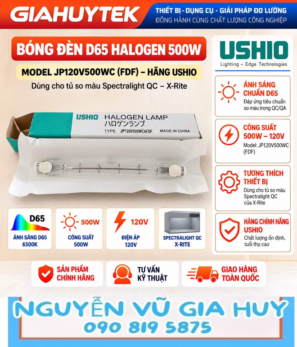 Bóng đèn D65 Ushio Halogen 500W 120V – FDF JP120V500WC cho tủ so màu Spectralight QC của Xrite (3) Bóng halogen Ushio FDF JP120V-500WC6 500W 120V cho hệ thống so màu
